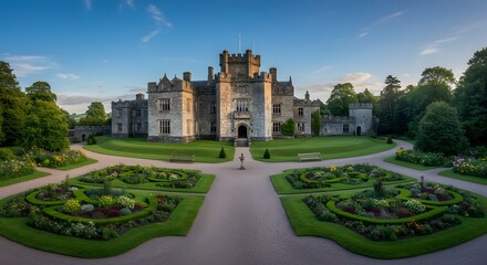 Castle with Garden Landscape Under Blue Sky