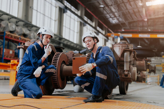 train engineer working check inspecting railway track at Train station, advance engineering
