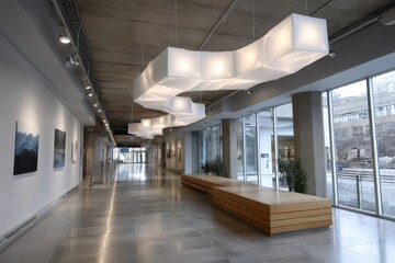 A bright and modern hallway adorned with contemporary light fixtures and artworks, creating an inviting atmosphere for visitors while showcasing the elegance of minimalist design.