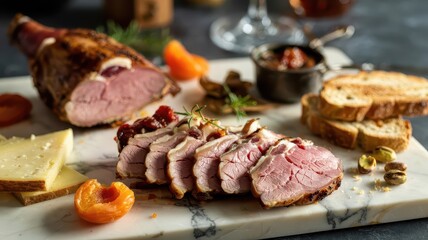 Smoked goose breast folded in ribbons on marble charcuterie board with aged cheeses, dried apricots, crostini, fig jam and scattered pistachios
