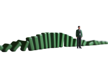 Miniature figure next to fallen green dominoes symbolizing chain reaction effect