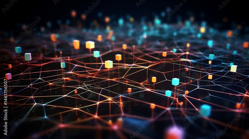 Poster abstract rendering of a network with glowing nodes and interconnected lines