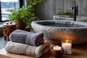 This image showcases a tranquil spa atmosphere with rolled towels, candles, and a textured stone basin, inviting relaxation and self-care in a calming environment.