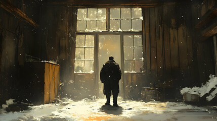 Winter's solitary figure in a weathered barn.