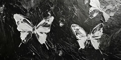 Silver paint-like strokes with butterfly accents, set on black film-grain texture