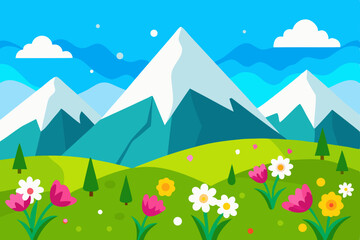 summer landscape with mountains and flowers