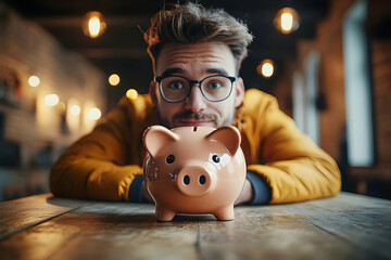 Close-up of a young man holding a piggy bank.