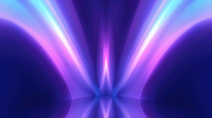 Obraz premium Abstract symmetrical artwork featuring vibrant purple and blue neon light streaks converging at a central point, creating a radiant, mirrored effect