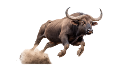 Powerful buffalo in mid-stride captures speed and strength in a dynamic, energetic movement