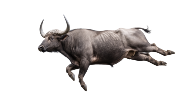 Energetic buffalo in mid-leap demonstrates strength and grace in dynamic position