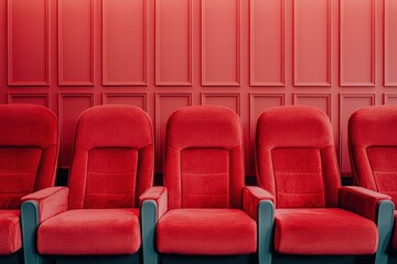 Fototapeta premium Empty red velvet seats in an elegant movie theater await audience
