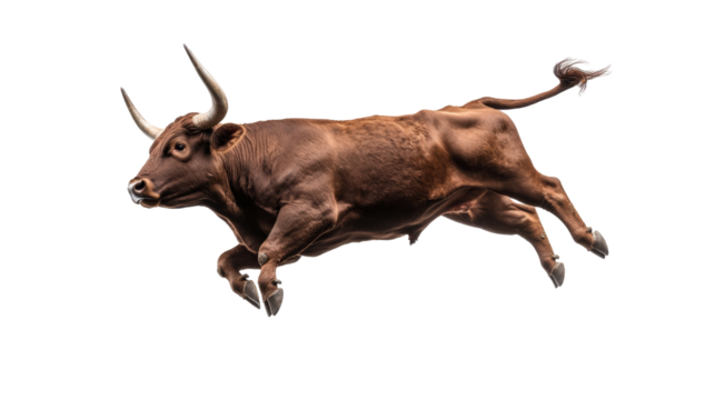 Majestic bull in mid-stride with strong muscles and curved horns displaying power