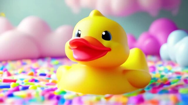 Bright Yellow Rubber Ducky in Colorful Sprinkles with Pastel Cloud Confectioneries for Children Bath Time Joyful Atmosphere