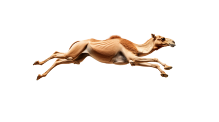 Camel running in mid-air position with front and back legs extended dynamically