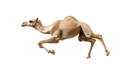 Running camel in mid stride capturing dynamic motion and speed in a unique animal perspective
