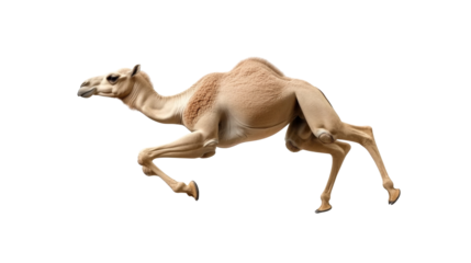 Running camel in mid stride capturing dynamic motion and speed in a unique animal perspective