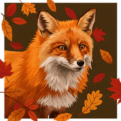 Fototapeta premium Charming portrait illustration of a red fox with a fluffy white chest, surrounded by falling autumn leaves in warm, earthy tones.