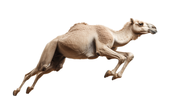 Jumping camel with distinctive hump captured in mid-air against clean background