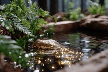 Obraz premium A mesmerizing close-up of a golden rock glistening in calm water, surrounded by lush green ferns, symbolizing richness and the beauty of nature's treasures.