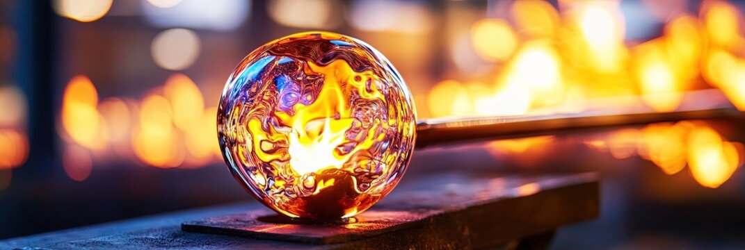 glassblowing concept with liquid molten glass fresh out of kiln in ball form