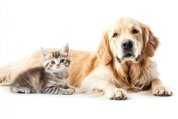 Adorable kitten and golden retriever lying together on white background