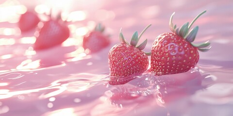 Strawberry jelly charms in 3D realism, hovering above a barely rippling water scene in pastel pink and white.