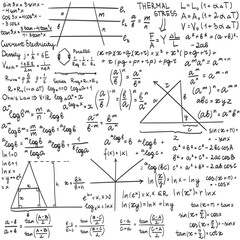 Doodle vector drawing of scientific formulas on a school board in black and white