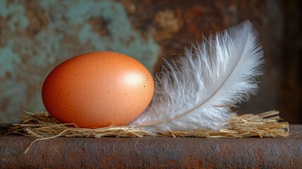 A brown egg rests on hay, beside a feather, on a rusty metal surface