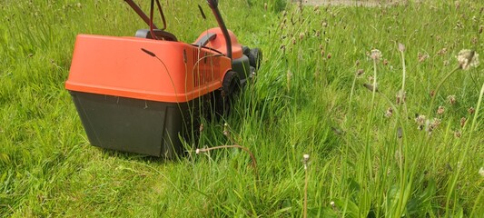 lawn mower mows grass in the garden