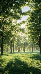 Naklejka premium Lush green forest landscape with sunlight and meadow
