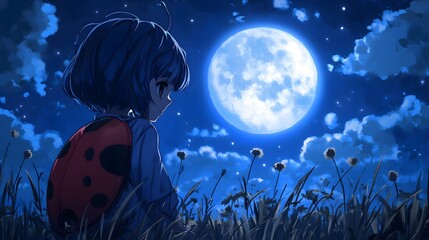 Ladybug staring at the moon with resolve in anime style