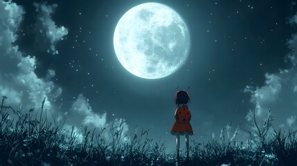Ladybug staring at the moon with resolve in anime style