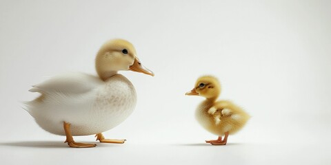 Subtle duck interaction captured in real moment, white background realism.