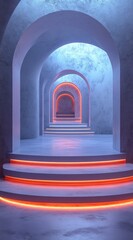 A futuristic hallway with glowing arches and steps.