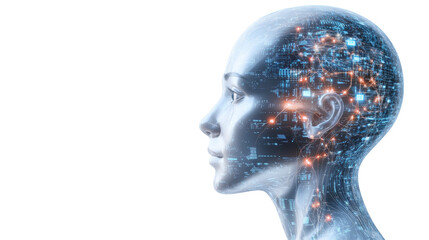 Digital human head with futuristic network connections and circuit elements visible