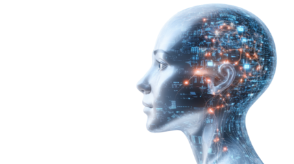 Digital human head with futuristic network connections and circuit elements visible