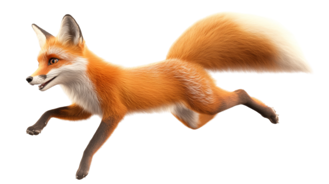 Animated fox jumping with lively expression and fluffy tail in motion