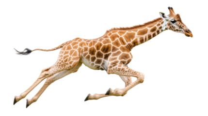 Giraffe in mid flight running at high speed with graceful long neck and strong legs