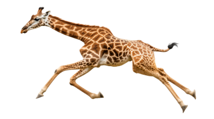 Giraffe in motion showcasing long neck and unique pattern with graceful legs and hooves