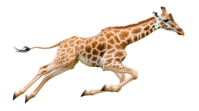 Giraffe in mid flight running at high speed with graceful long neck and strong legs