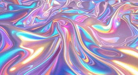 Abstract Holographic Liquid Texture with Iridescent Waves and Metallic Fluid Surface, Colorful Shiny Background