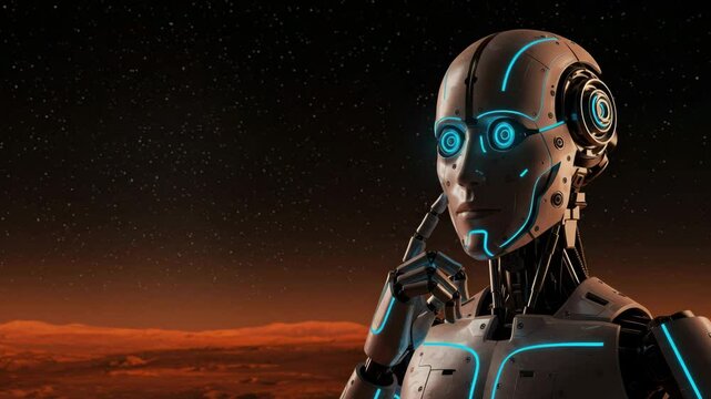 Against a starry sky and Mars landscape, thoughtful robot contemplates existence on the red planet. - Powered by Adobe