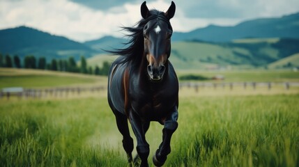 Dynamic horse running in green open field, strong muscular form captured mid-stride, wide cinematic perspective