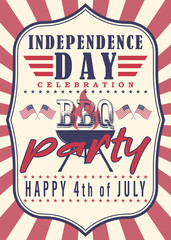 US Independence Day barbecue party flyer, greeting card, invitation template. 4th of July BBQ party background.