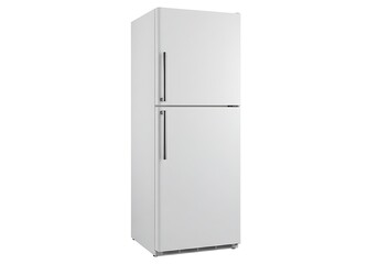 A white refrigerator with two doors and silver handles isolated on a white background in a studio shot