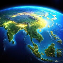 Detailed satellite view of Asia.  Landscapes, mountains, oceans, and continents of Southeast Asia and India are visible. High-definition topographical map