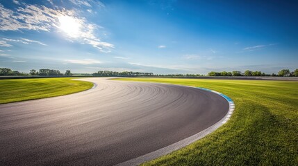 Fototapeta premium Asphalt Race Track Curve on Sunny Day with Blue Sky and Green Grass Landscape View from Ground Level