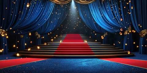 Exciting stage backdrop with red carpet and blue drapes for a glamorous event celebration at night