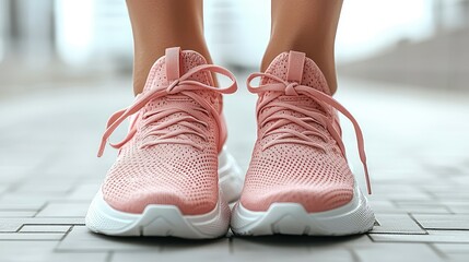 Close-up view of light pink athletic shoes on pavement.