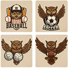 Obraz premium Four Owl Sport Mascots: Baseball, Soccer, Volleyball, Football AI Generated